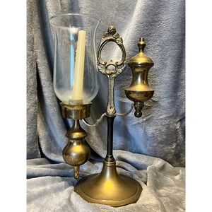 Vintage Brass Chamberstick Hurricane Candle Holder Snuffer Glass Shade 11in